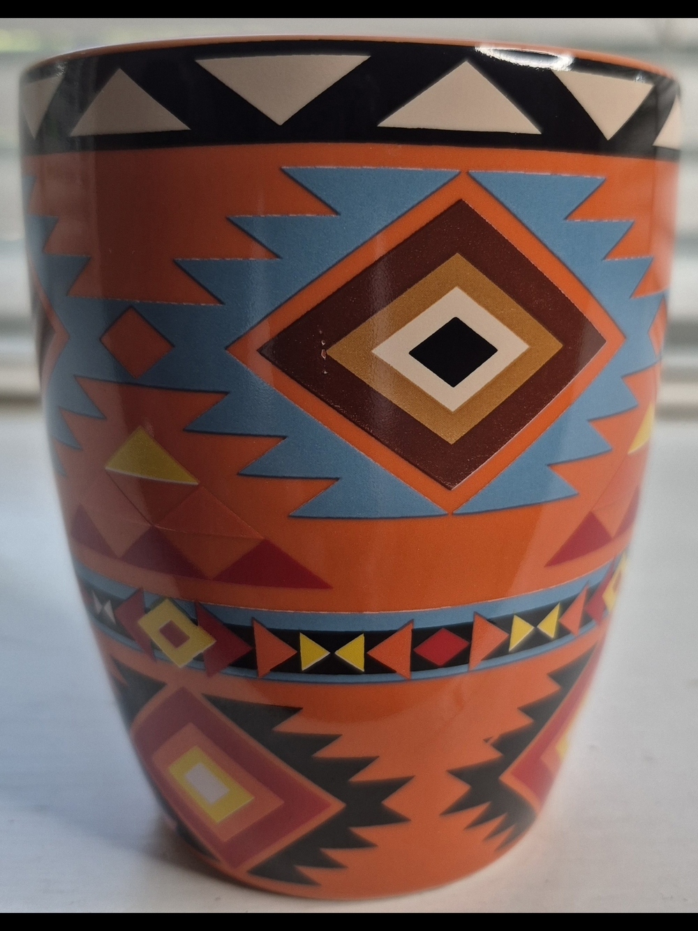 Black Geometric Aztec Pattern Ceramic Mug - Blue & Red Accent - Picture 8 of 11